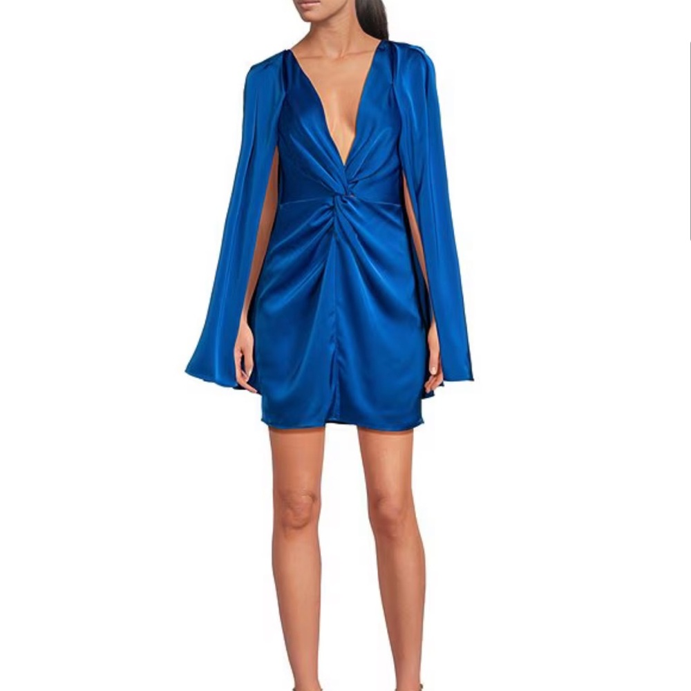 Belle by Badgley Mischka Nora Satin V-Neck Long Bell Sleeve Twist Front Mini